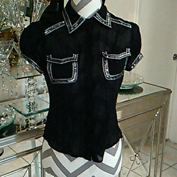 Bebe Black Sheer Sequin accent Top - Picture 1 of 7